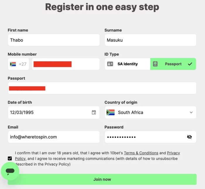 10bet Casino Registration Sa